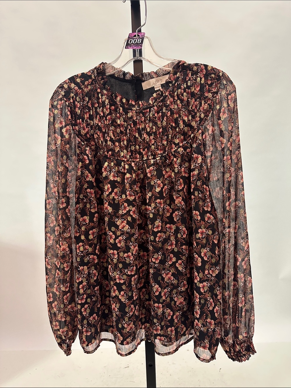 LOFT Black Floral Long-Sleeve Blouse with Pink and Gold Accents ❤️8
